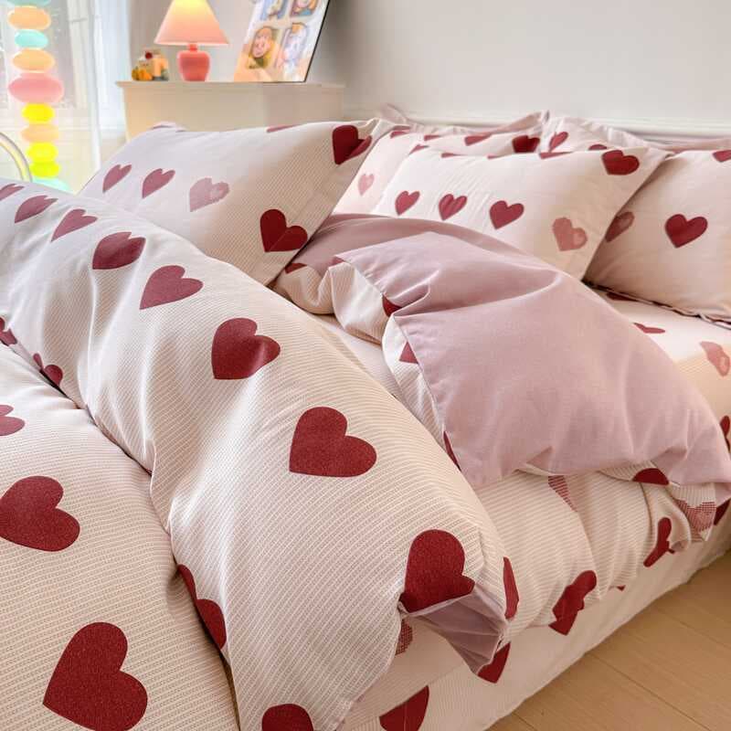 Rosa romântico amor coração algodão escovado puro algodão cama conjunto de quatro peças fresco feminino estudante dormit