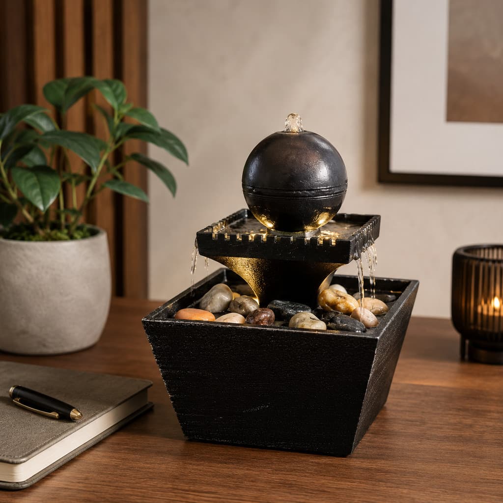Fonte Decorativa de Mesa com LED e Pedras | Cascata Relaxante para Casa, Escritório e Jardim Interno