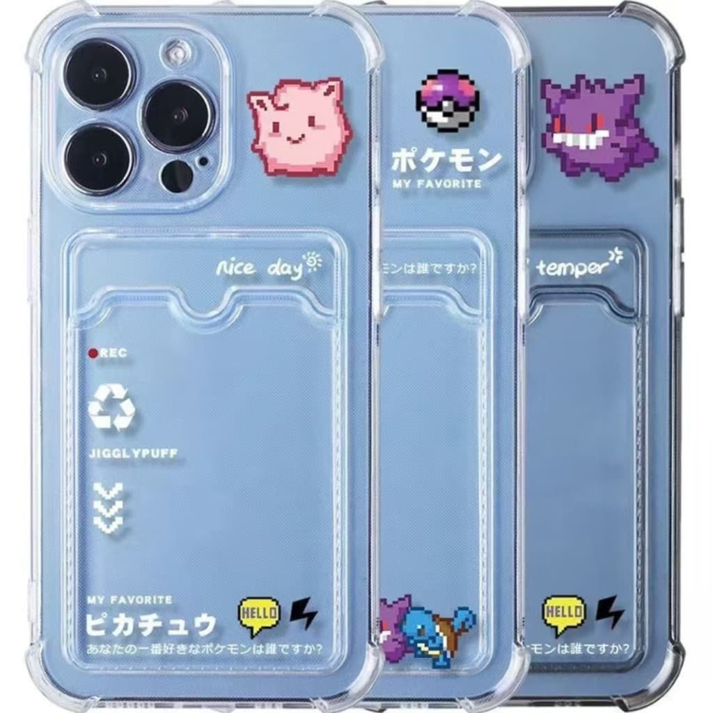 Capa de celular estilo Pokémon de desenho animado, com design do Squirtle, com slot para cartão, capa de proteção total