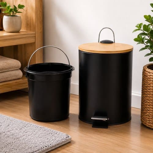 Lixeira Com Pedal Tampa Bambu 3 OU 5 Litros Design Moderno Preto Fosco