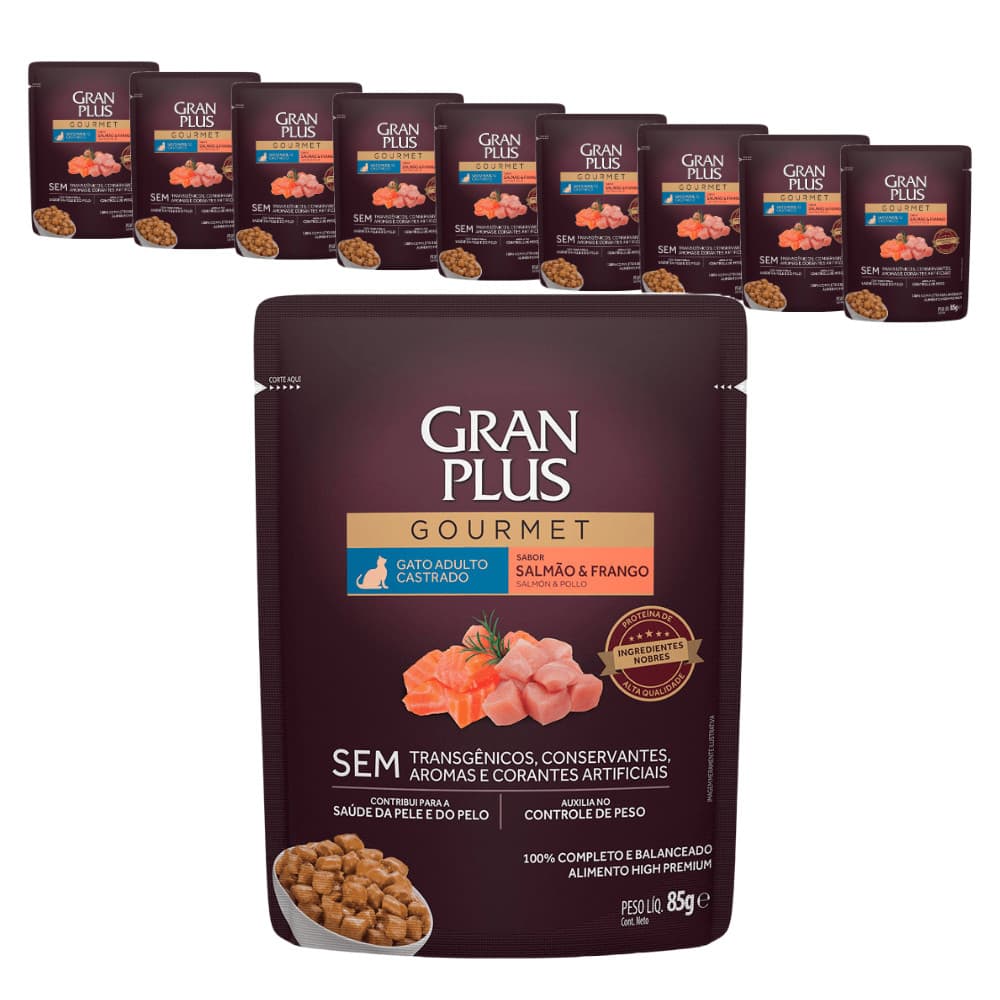 Ração Úmida Granplus Gourmet para Gatos Adultos Castrados sabor Salmão e Frango - 85g - KIT 10 unids.