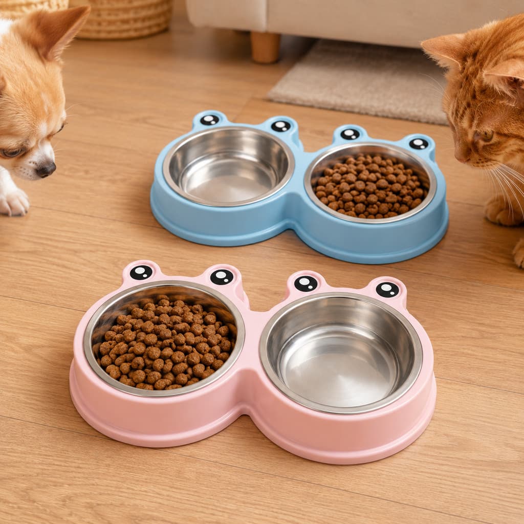 Comedouro e Bebedouro Duplo para Gatos Inox de Sapinho - Pote Pet Cachorro Antiderrapante
