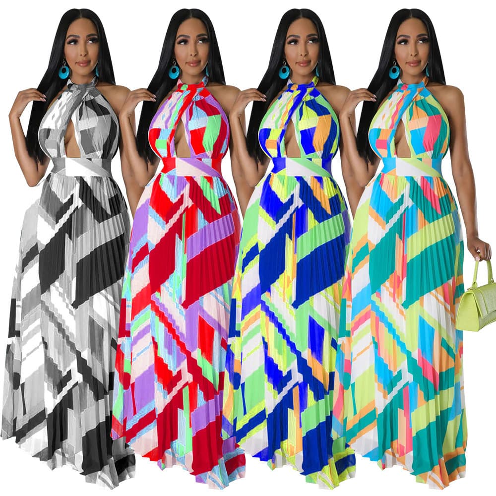 Vestido Maxi Plissado Sem Costas Com Decote Halter Estampado Mangas