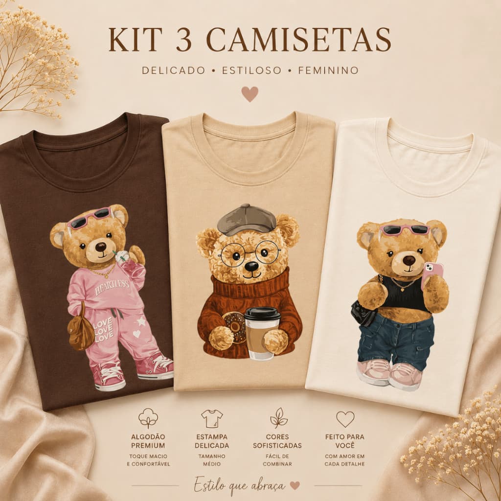 Kit 3 Camisetas Feminino Ursinho  Estilo Minimalista Uso Diário camisa 100% Algodão 30.1
