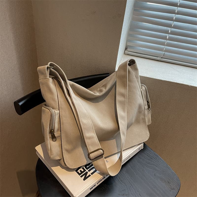 Estudante universitário bolsa de ombro feminina lona Casual Flip classe saco escolar masculino feminino ins Retro lona b