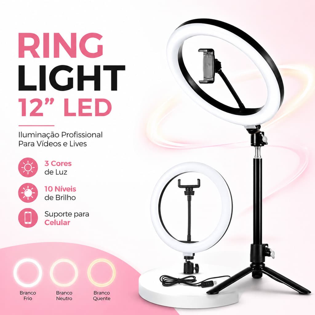 Ring Light LED 12 Polegadas 30cm com Suporte para Celular Iluminação Ajustável para Fotos e Vídeos