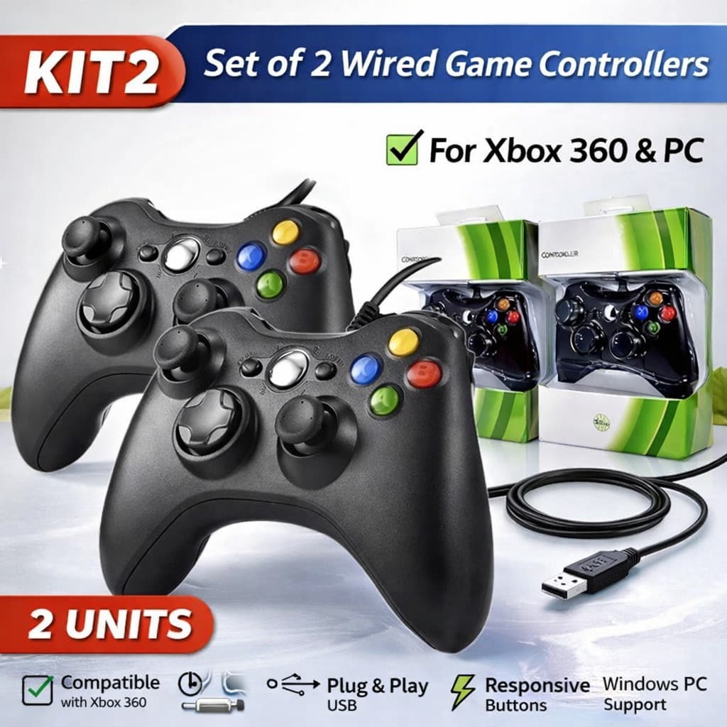 Kit  1/2/4 Controle Xbox 360 Pc Windows Notebook Com Fio Xboxslim Portatil