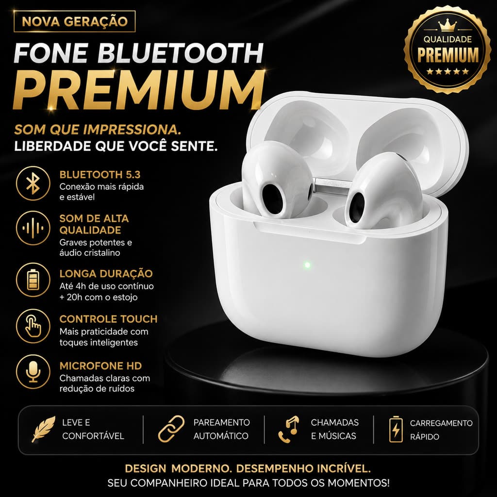 Fone de Ouvido Bluetooth Longa duração de Carga — Pro 6 Grave Forte e Ajuste Perfeito