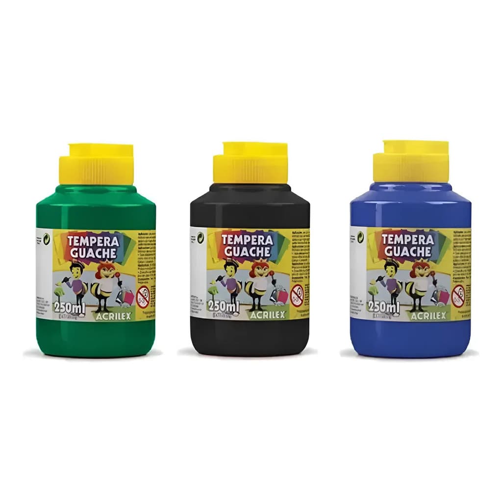 Kit 3 TEMPERA GUACHE Acrilex - 250ml - VERDE PRETO AZUL