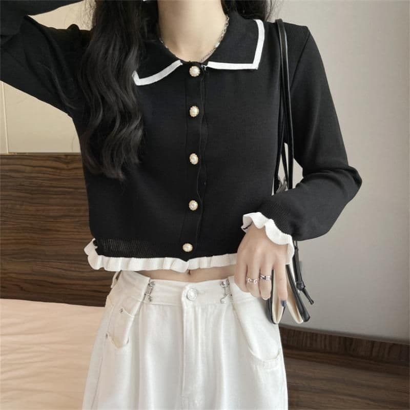 Primavera outono novo estilo gola polo solto estilo preguiçoso outono curto camisola Cardigan jaqueta superior feminina