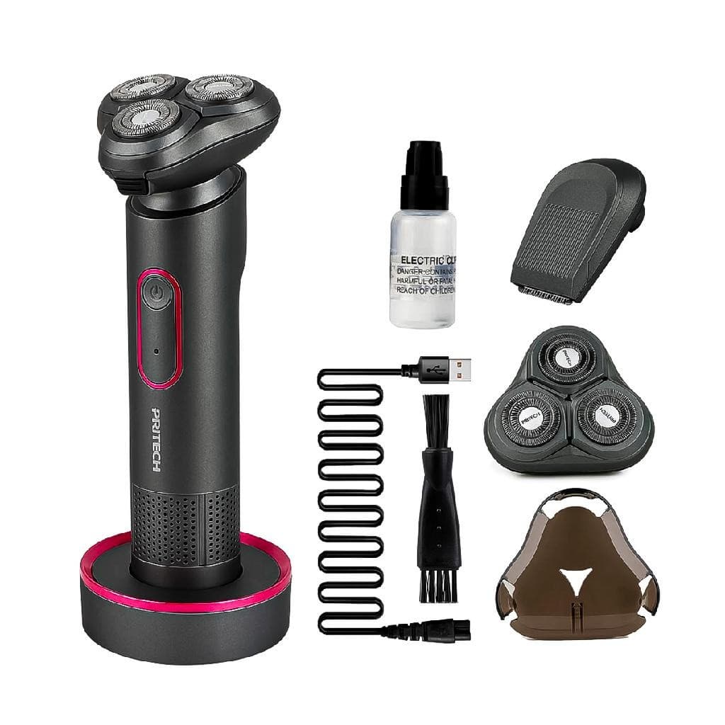 Barbeador Shaver Portátil Máquina de Corte Lavável Com Base Suporte Sem Fio Pritech Cabeça Removível