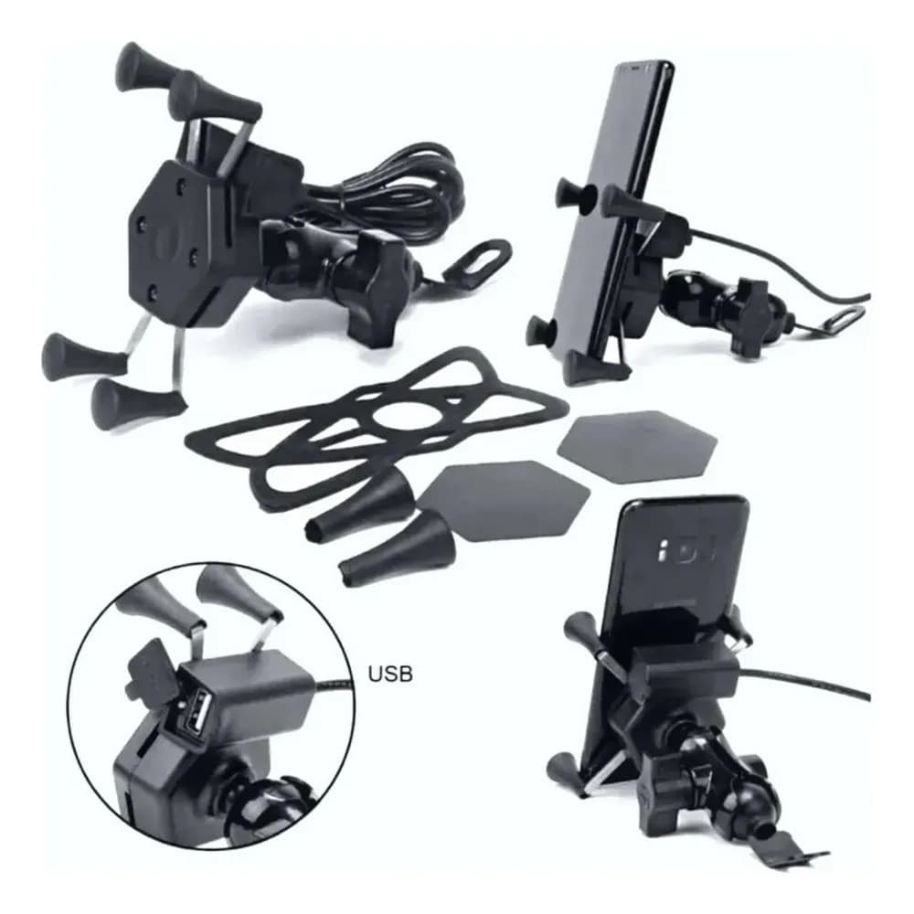 Suporte Garra Celular Moto Universal Carregador Usb Ferro Preto