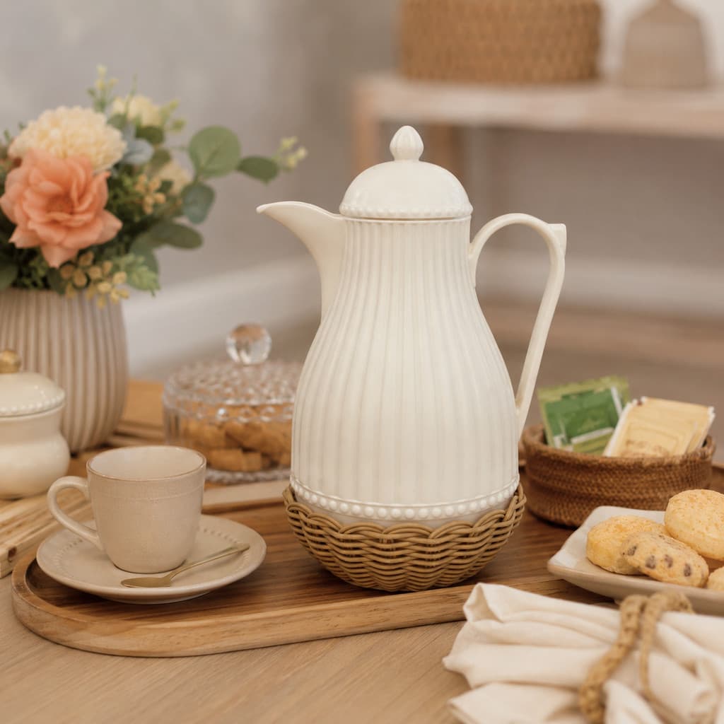 Garrafa Térmica Off White Perolada Rattan Café Recepção 1L