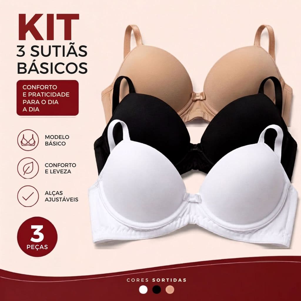 Kit com 3 Sutiãs Confortáveis em Microfibra com Bojo – P, M, G e GG Excelente Sustentação