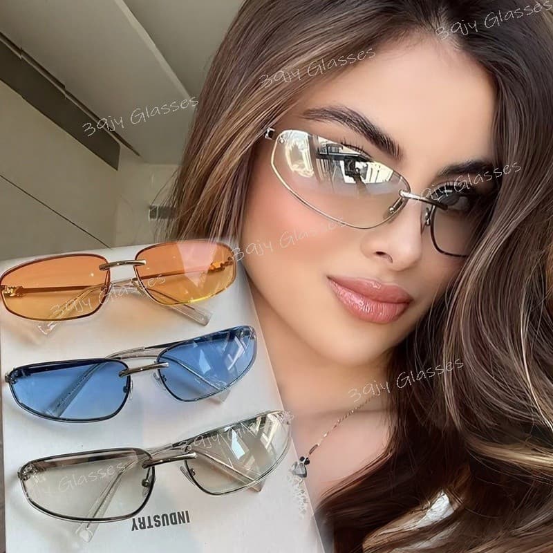 Óculos de Sol Femininos Estilo Y2K, Armação de Metal de Alta Qualidade, Sem Aro, Oval, Resistente a UV para Uso Externo