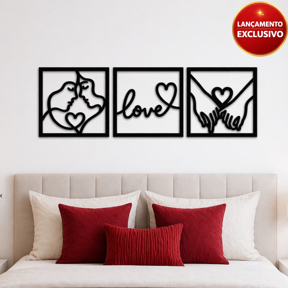 Kit 3 Quadros Novo Amor Love De Cabeceira Decorativo Mãos Casal Decoração Romântica Mdf