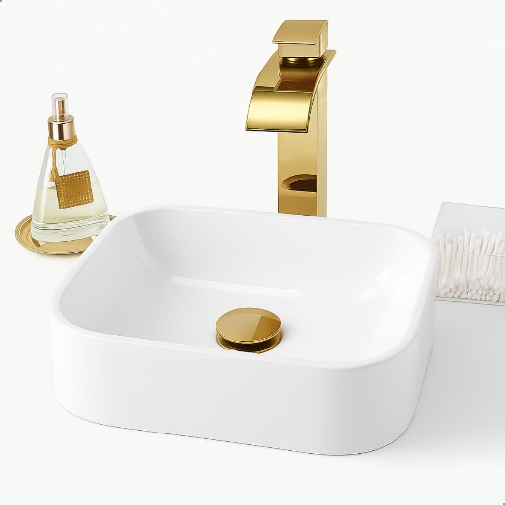 *PROMOÇÃO* Pia Oxford para Banheiro Cuba de Apoio 37cm Sobrepor Branca Retangular Lavabo Mármore Sintético