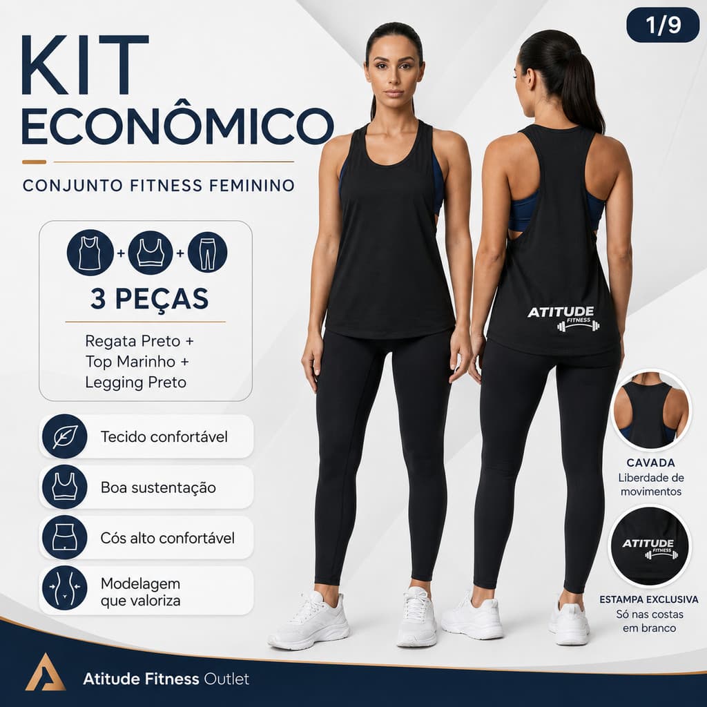 Conjunto Fitness Feminino 3 Peças Regata Cavada Top Legging Suplex Cós Alto Academia Preto Marinho