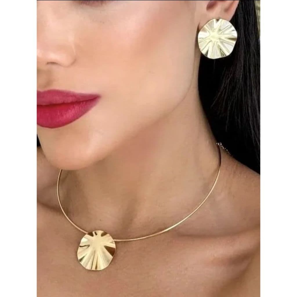 Conjunto Colar Chocker aro + brincos Flor, Circulo martelado, Leque - conjunto folheado dourado