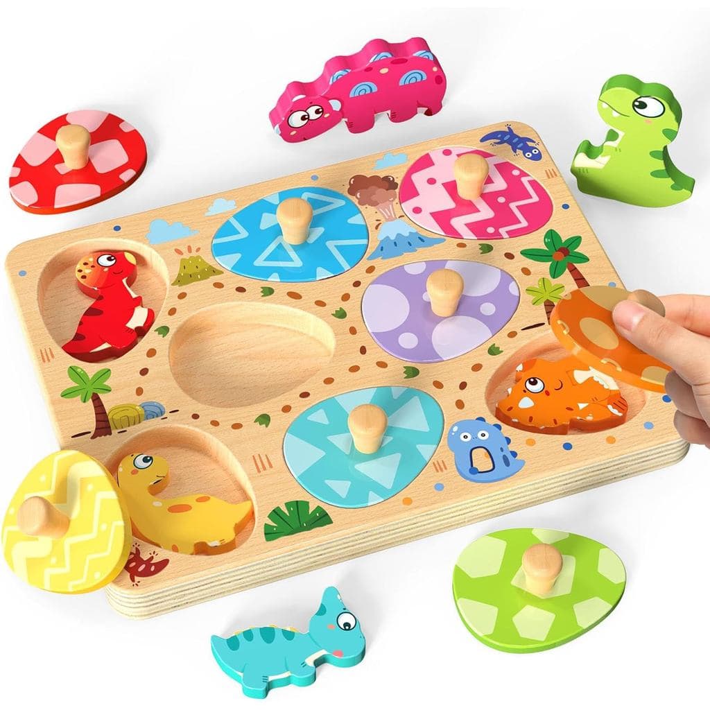 Quebra-cabeça de madeira para crianças pequenas, quebra-cabeça de ovos com dinossauros de 8 peças, brinquedo Montessori