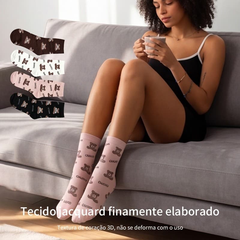 12/9/6/3 Pares Meias Feminina Algodão Branca Ursinho Bordado Fofa Moda Coreana