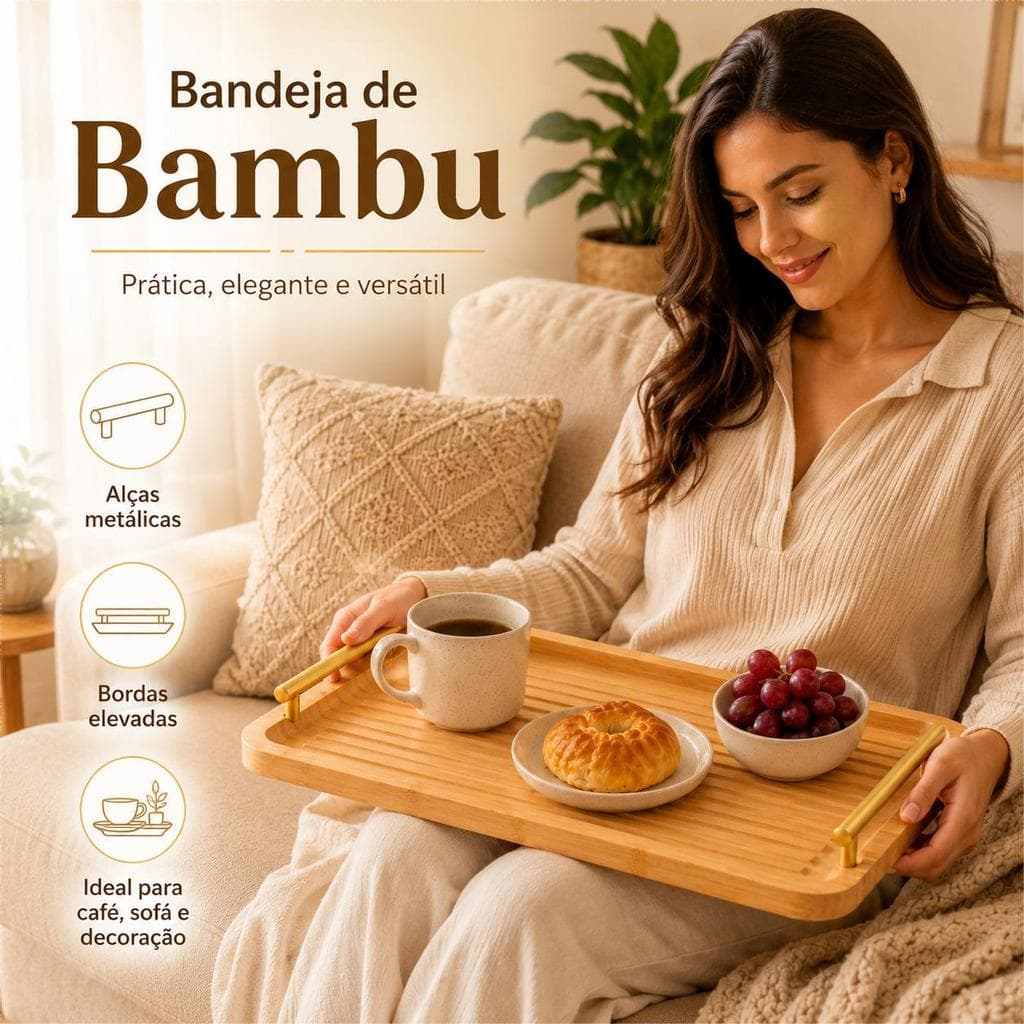 Bandeja de Bambu 39x18cm com Alças Metálicas Douradas, Design Premium para Café e Decoração