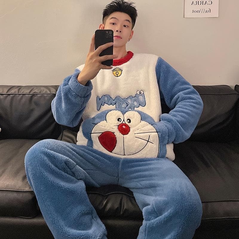 Desenhos animados dos desenhos animados Doraemon pijamas masculino inverno Coral velo flanela engrossado Plus Size Loung