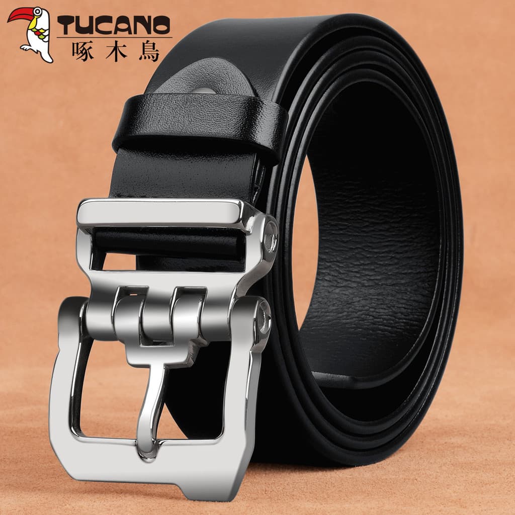 Woodpecker primeira camada de couro masculino cinto de couro genuíno pino fivela cinto de aço inoxidável Casual juventud