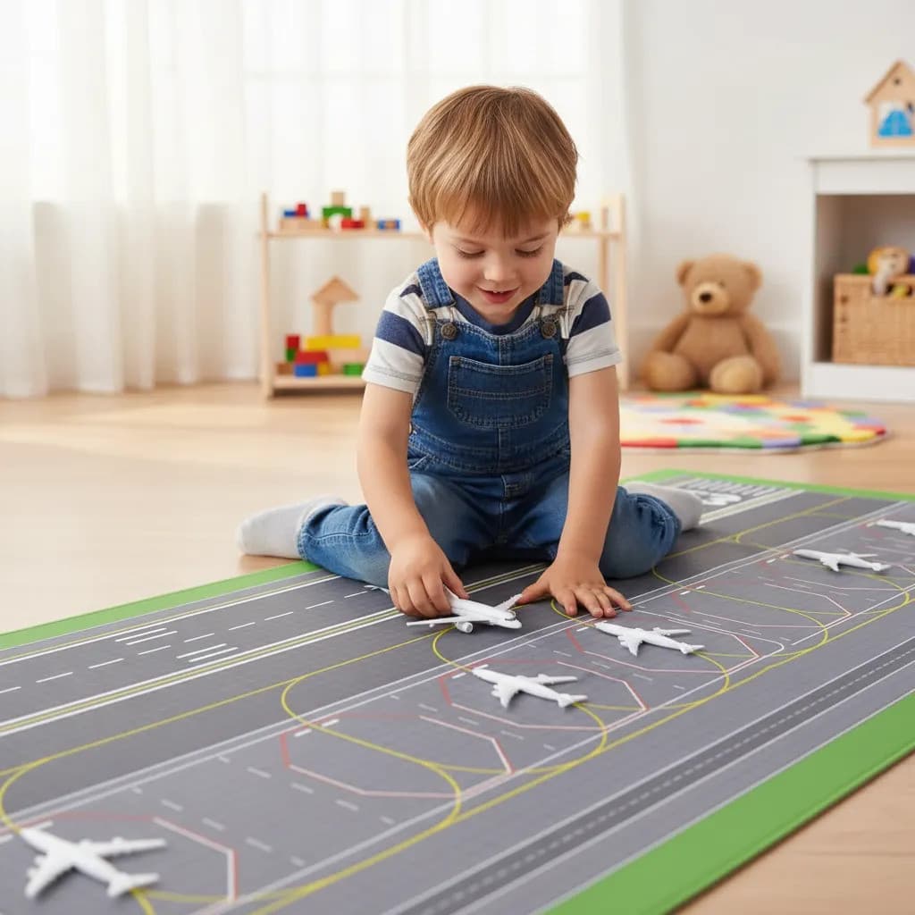 Tapete Infantil Pista Aviao Aeroporto 150x70cm Quarto Tapete Carro Transporte Lona Carrinhos Menino