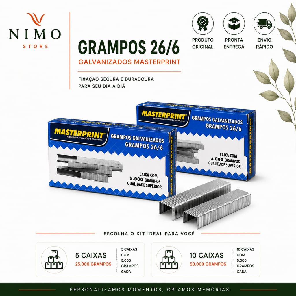 Grampo Galvanizado 26/6 Masterprint 5.000 un p/ Grampeador - Kit 5/10 Caixas (25.000/50.000 Grampos)