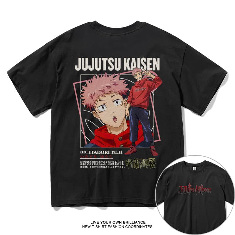 Camiseta Unissex Oversized Plus Size Feminina Masculina Preta Unisex, Design Temático do Personagem Itadori Yuji do Anim