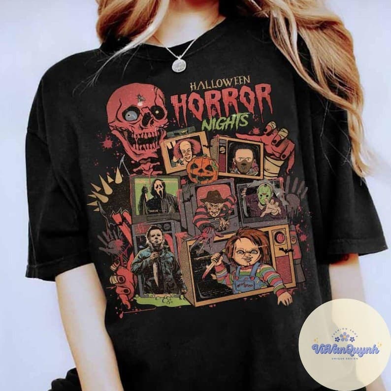 Camiseta Masculino Feminino Fofo Camisa Noites De Terror De Halloween Personagens De Terror Algodão Premium