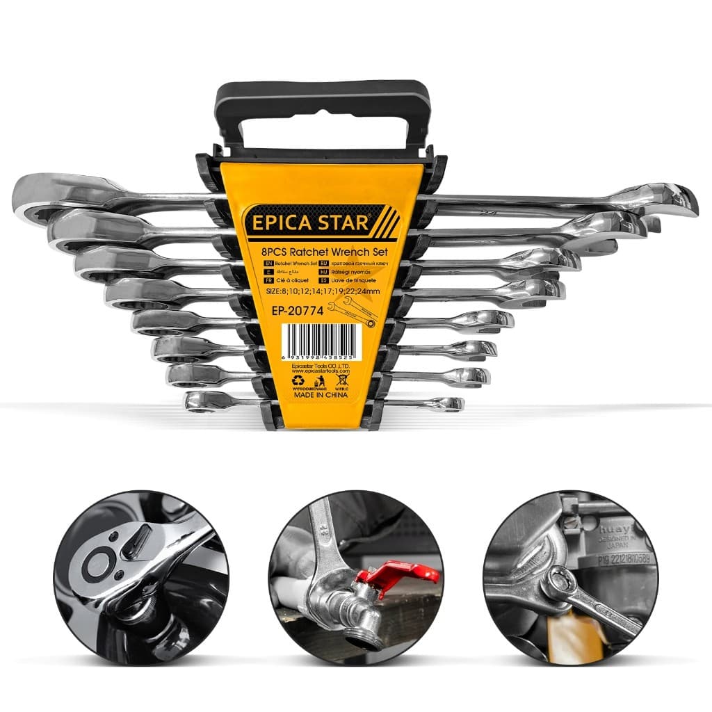 Kit Chave de Roda com Catraca EPICA STAR 8 Peças - 8 a 24mm - Aço Liga Anti-ferrugem - Com Suporte Plástico e Uso Automo