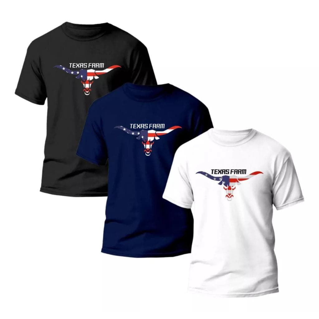 Kit 3 Camisetas Rodeio  Texas Farm, Kit 3 Camisa Peão Algodão , Kit 3 camisas Masculina Moda Country Texas Farm EUA ¹