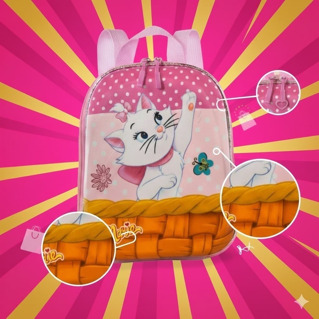 Mochila gatinha marie disney rosa poas escolar creche passeio resistente linda