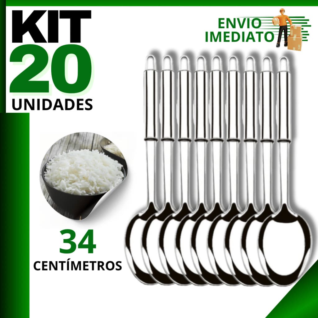 Kit 20 Colher Para Servir Arroz Inox Grande 34cm | Utensílio Reforçado Para Cozinha e Restaurantes