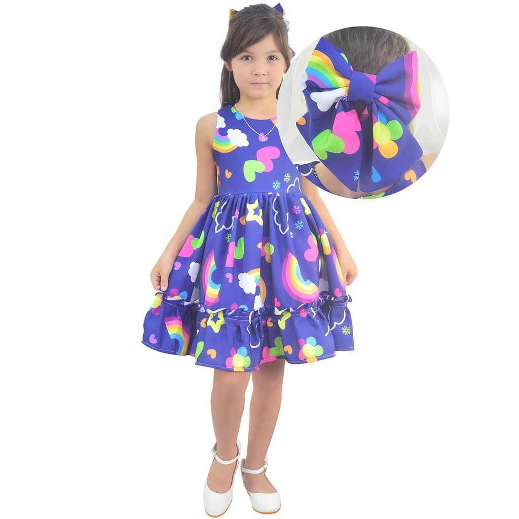 Vestido Infantil Arco-íris E Nuvens Casual Elegante + Enfeite de Cabelo