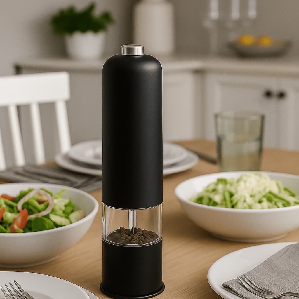 Moedor De Pimenta Elétrico Triturador Sal e Temperos Com Luz De Led Automático A Pilha Preto