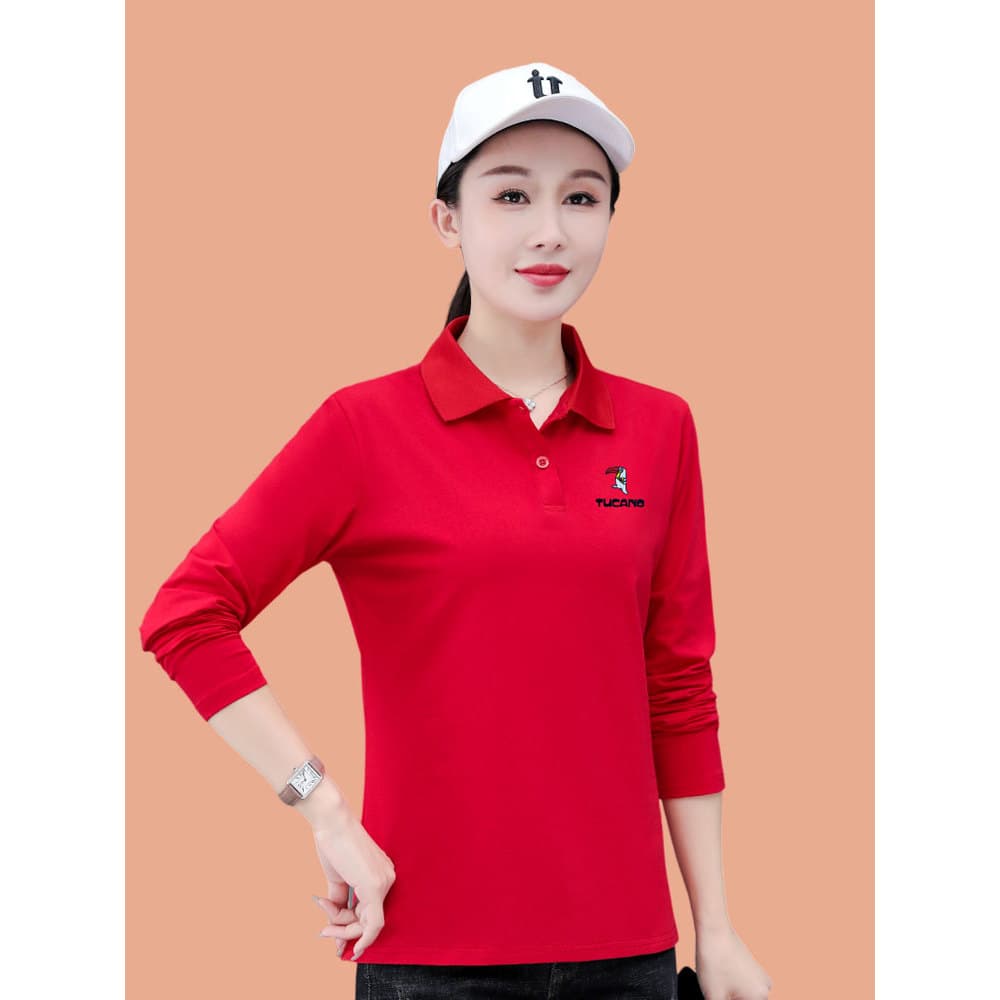 Woodpecker puro algodão POLO camisa de manga comprida camiseta feminina primavera outono mãe de meia-idade Casual camisa