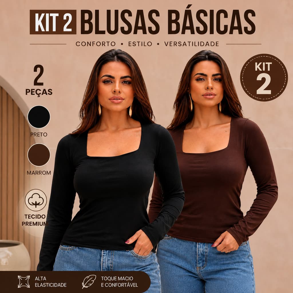 KIT 2 Blusa Feminina Manga Longa Suplex Decote Quadrado Poliamida Segunda Pele Proteção UV Academia Casual