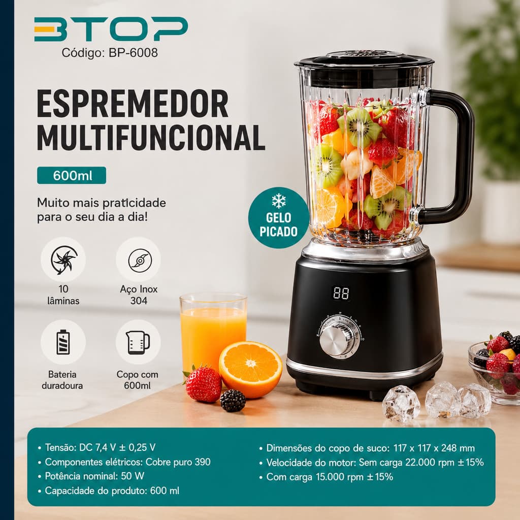 Liquidificador Triturador Compacto  para suco com Led - suco e frutas Bivolt 600ml