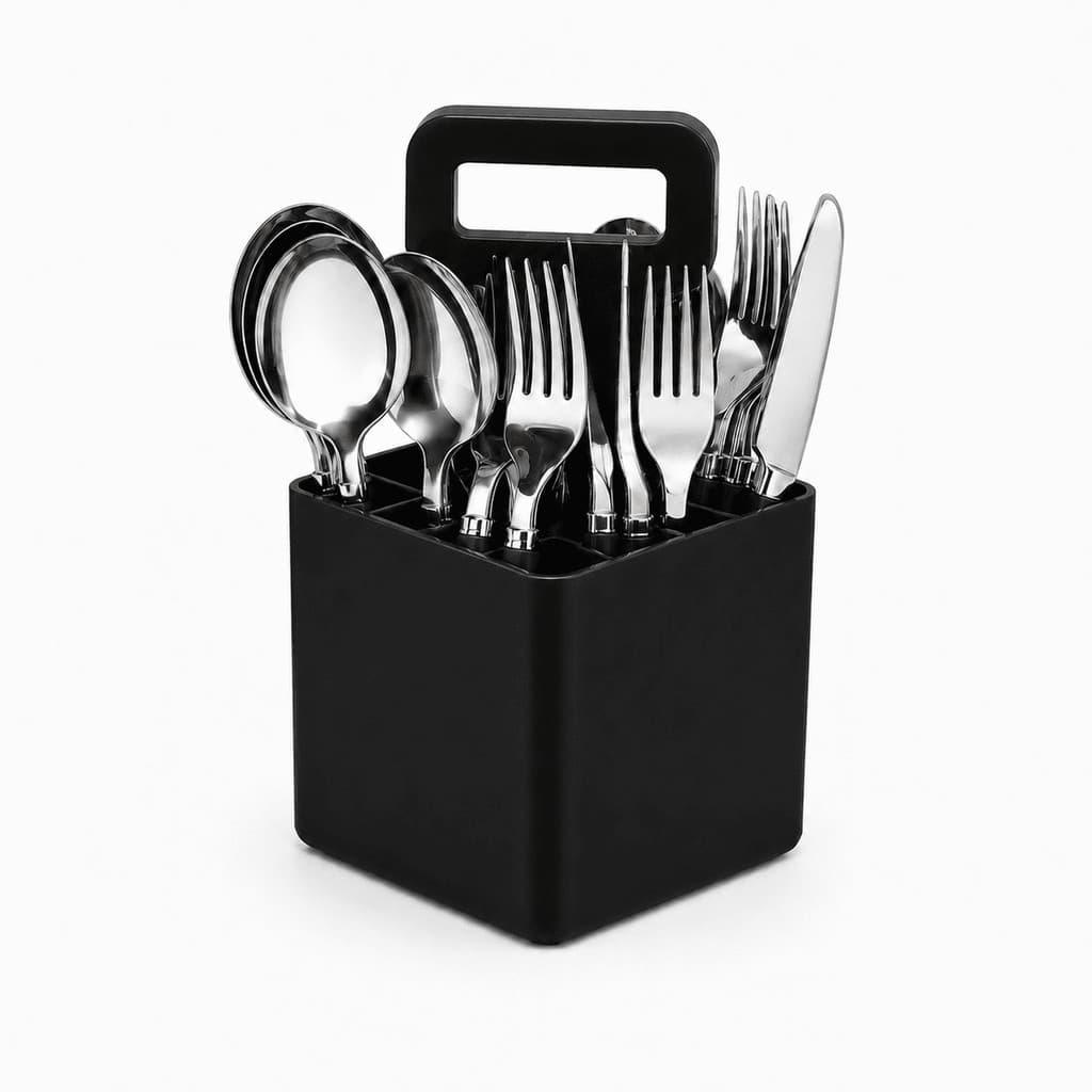 Conjunto de Talheres Verona 25 Peças Preto com Suporte Organizador Para Cozinha Mesa Posta