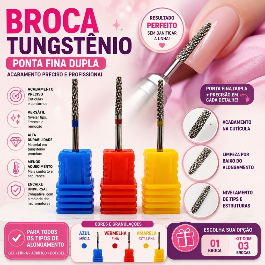 Brocas Tungstênio Para Unhas Ponta Fina Dupla Acabamento Cutícula Limpeza Alongamento Gel Fibra Acrílico