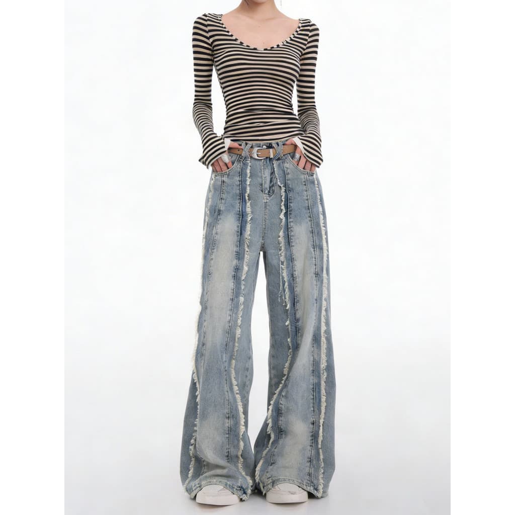 Americano high Street desgastado Design Jeans de perna larga feminino 2026 verão novo estilo high-End solto calças retas