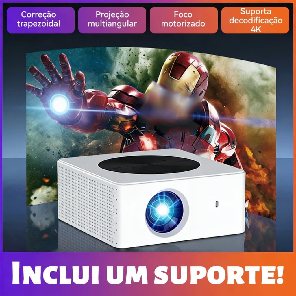 Projetor 4K Portátil com Wi-Fi 5G e Bluetooth, Espelhamento Celular/TV, Android, Branco
