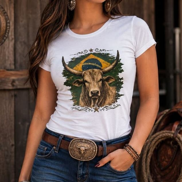 Camiseta Baby Look Feminina Country Boi Longhorn Brasil Rodeio Western Tshirt 100% Algodão Moda Cowgirl