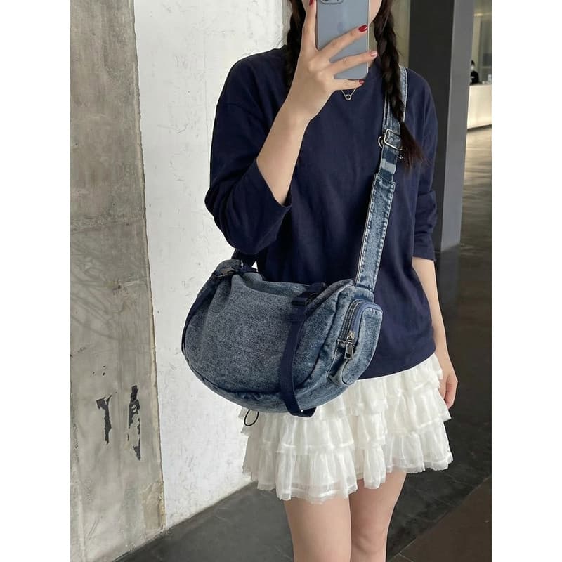 Bolsa de pano mensageiro feminina Retro Denim Commuter bolsa de ombro rufião bonito Casual compras trabalho armazenament