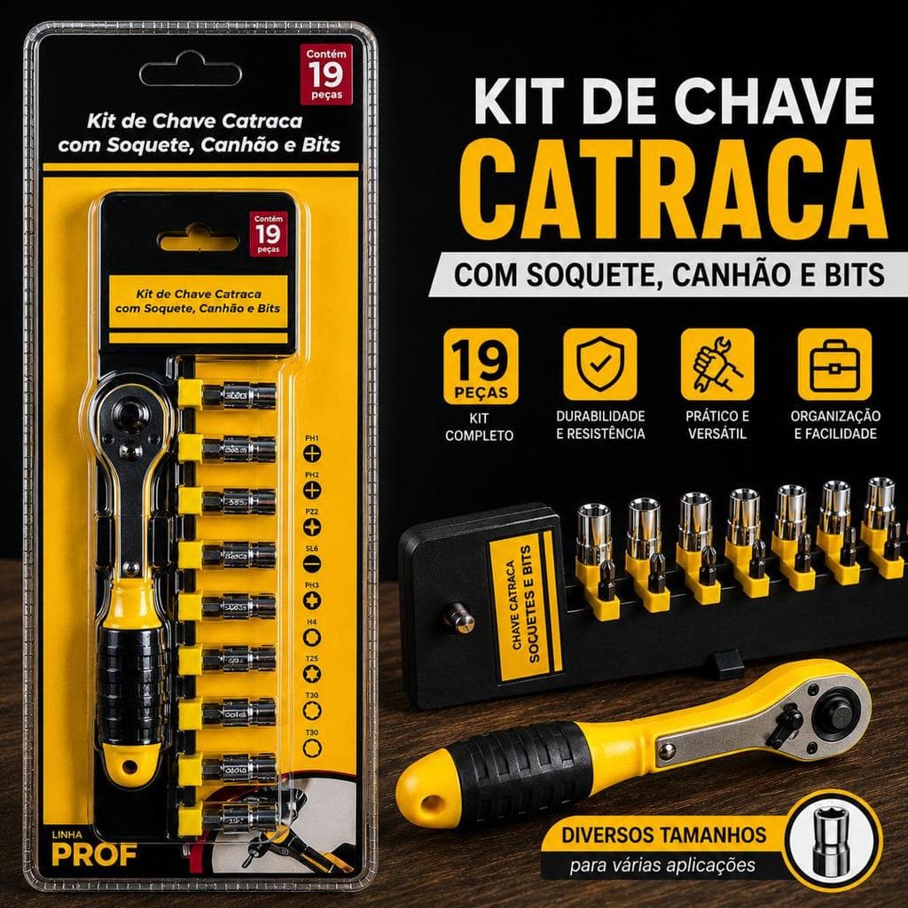 Kit Chave Catraca 19 Peças Soquete Bits Canhão