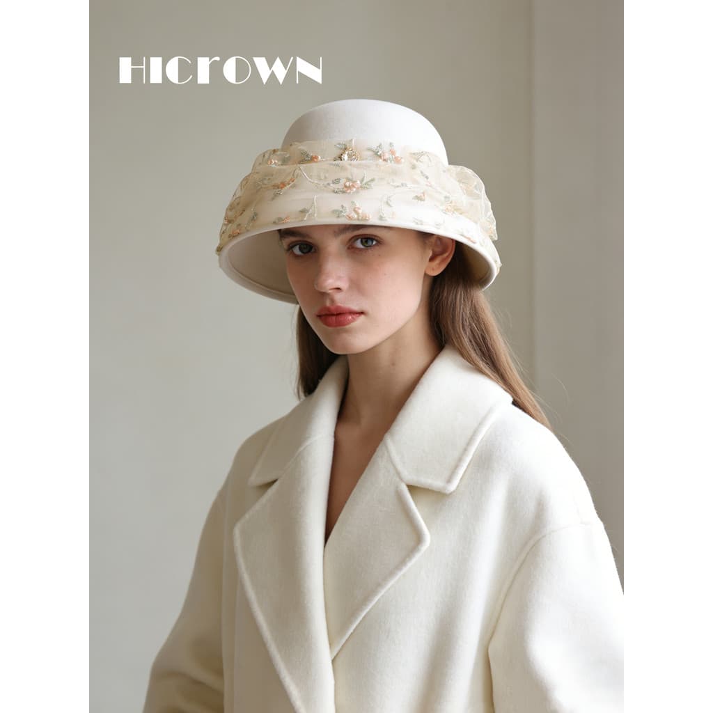 Francês elegante bordado flor decoração senhoras pote de lã chapéu outono inverno novo estilo filha estilo aba larga mod