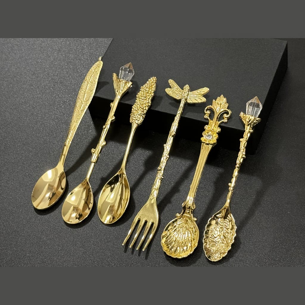 Conjunto de 6 Peças de Colheres/Garfos Pequenos Mais Requintados, Colher de Chá Dourada Vintage, Garfo para Frutas, Colh